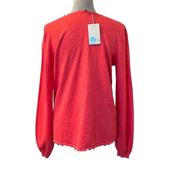 Boden Women's Linen V-Neck Pullover Sweater M Coral Pom-Pom Trim Casual Knit - Picture 3 of 13